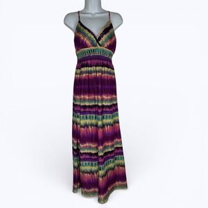 Shes Cool Boho Tie Dye Babydoll Maxi Dress Smocked Boho Festival Stretch Sz M